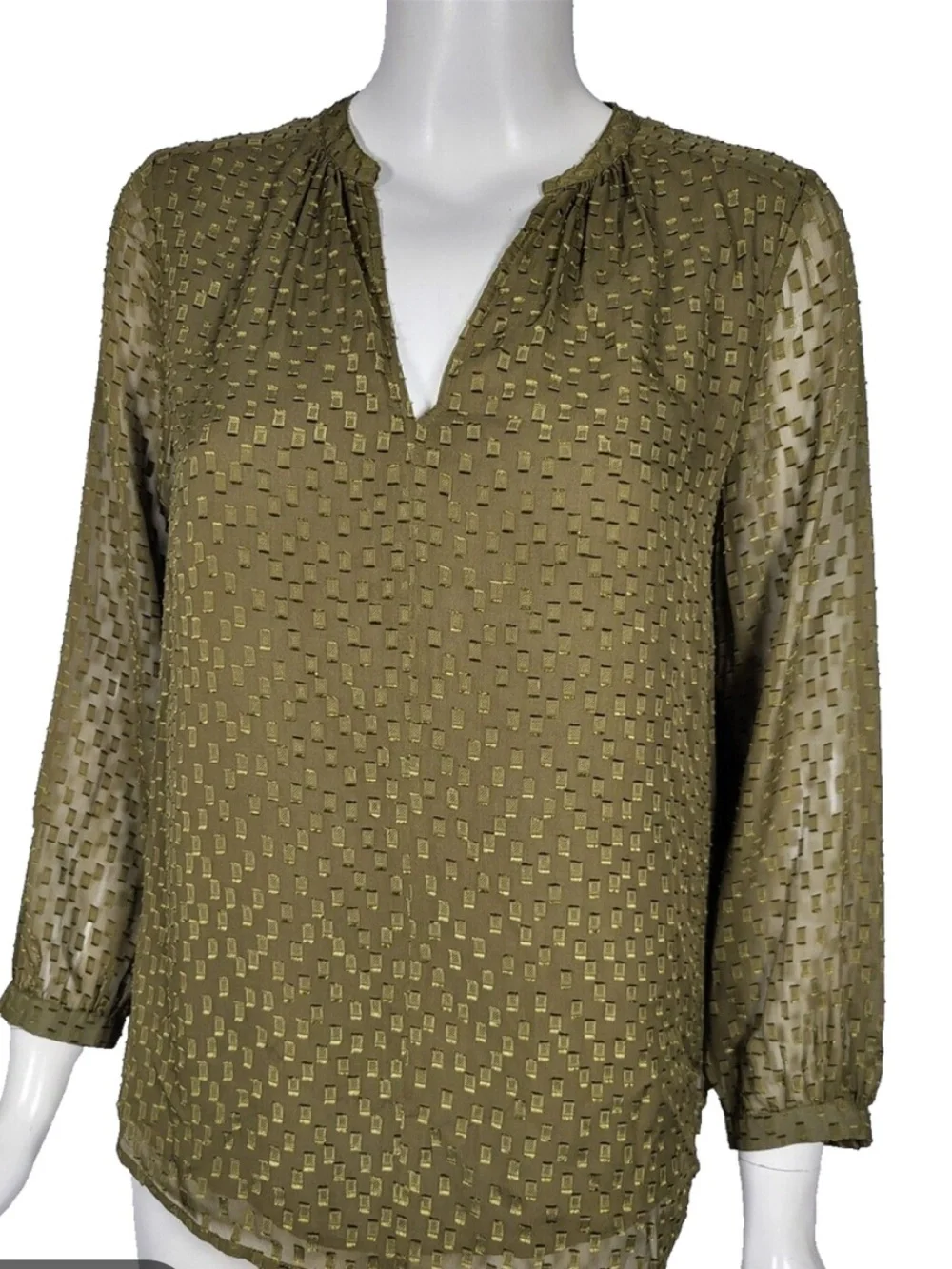 J. CREW Size 4 Olive Green Silk Textured Clip Dot Split Neck Blouse